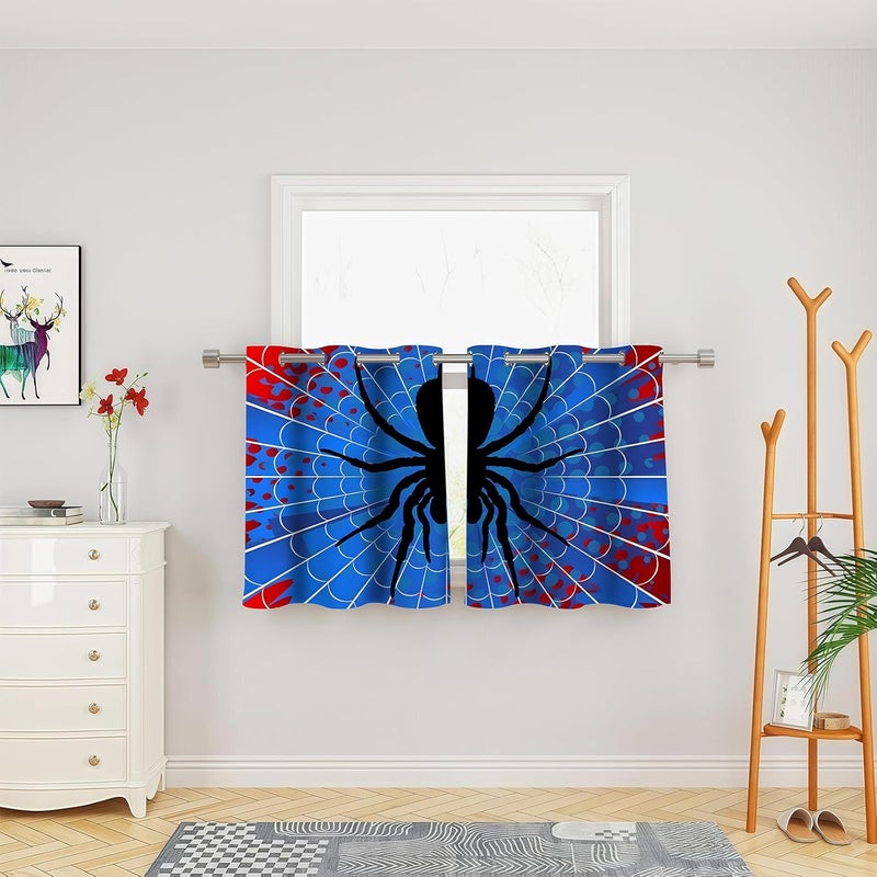 OSUNBD Small Size Spider Pattern Curtains 24x26 Inch 2 Panels - Red & Blue Blackout Thermal Polyester Drapes for Teen Room - Light Blocking Room Darkening Treatment - Youth Bedroom Decor - Image 1